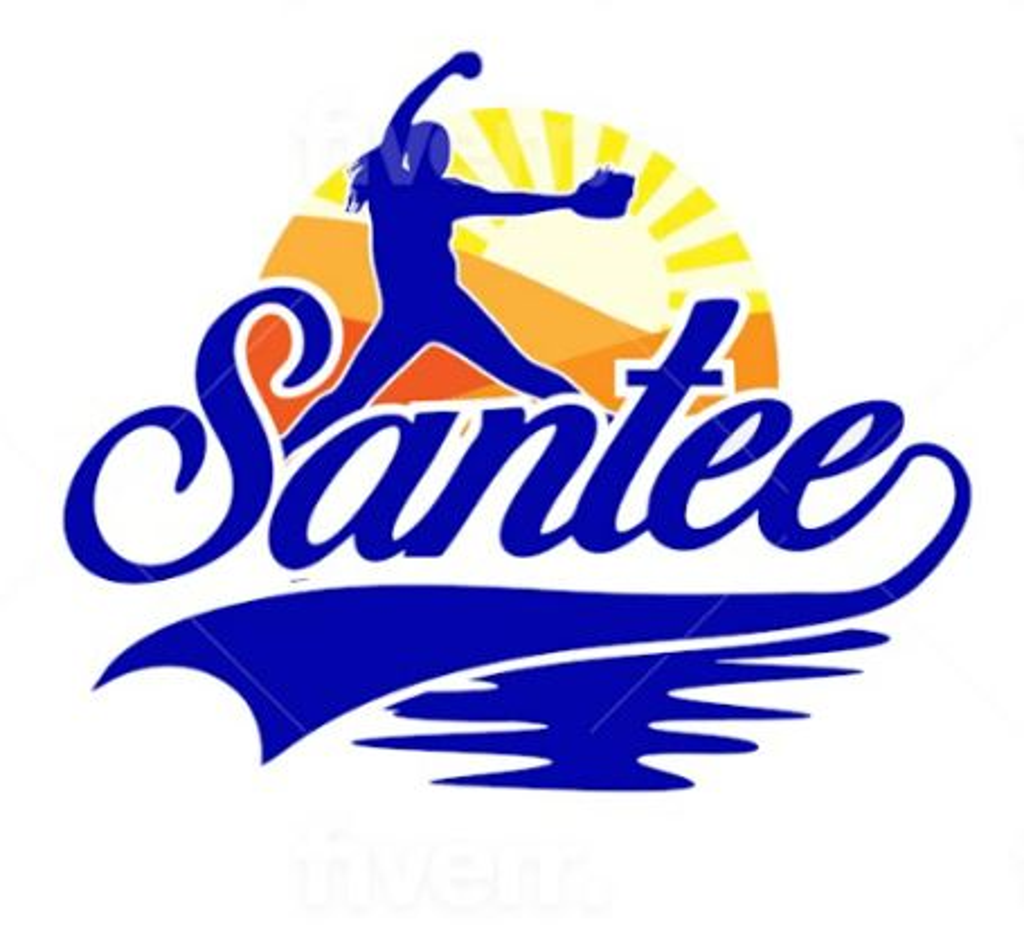 Logo with a stylized diver holding a glove, the sun, mountains, and water, with the word 'Santee' in blue cursive font.