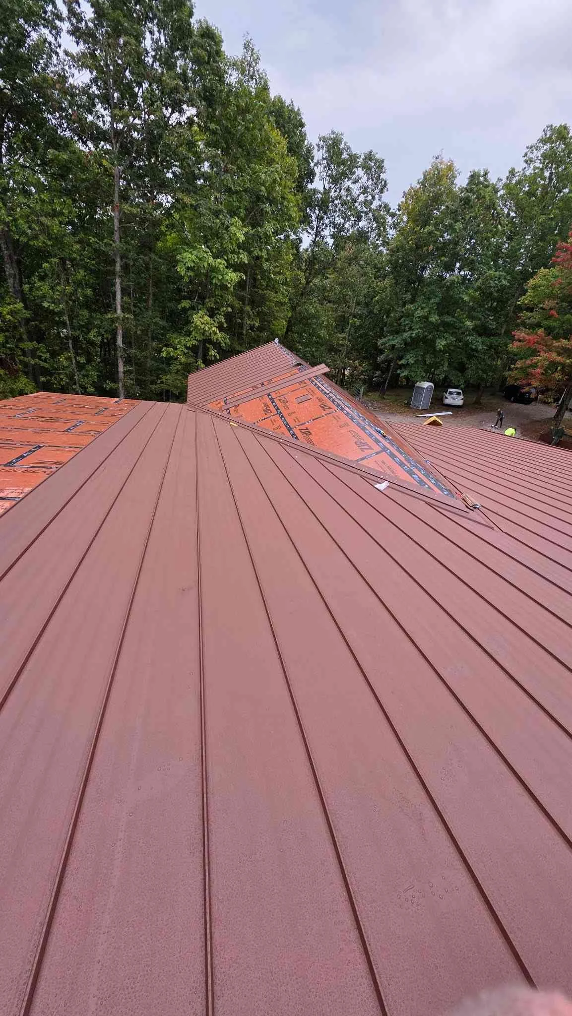aerial view of roof tear-off and new shingle installation in McMinnville TN