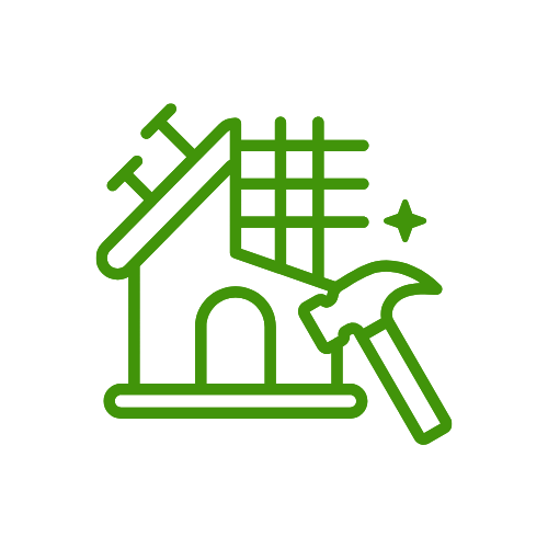 green outline house with tools and sparkle remodel icon