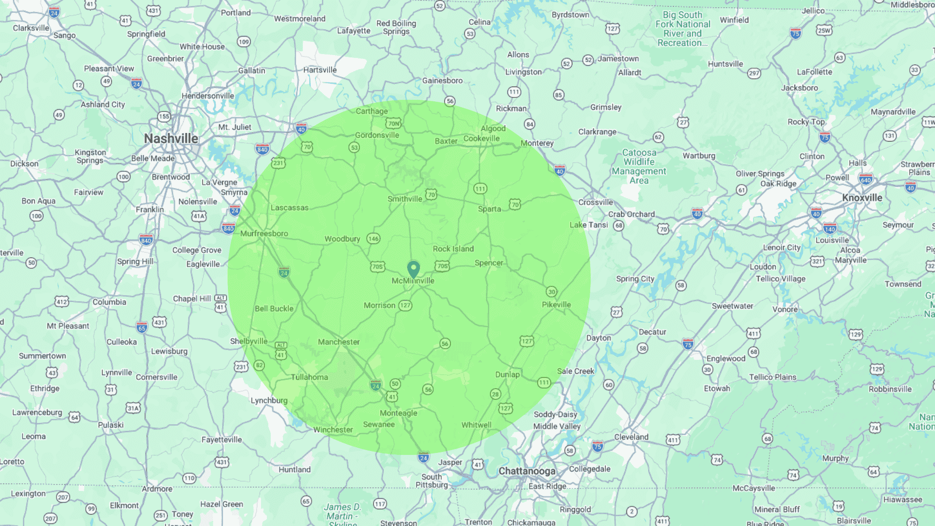 Dorian Roofing and Construction service area map showing Middle Tennessee coverage centered on McMinnville