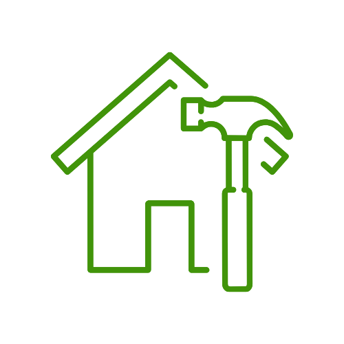 green outline house with hammer framing icon