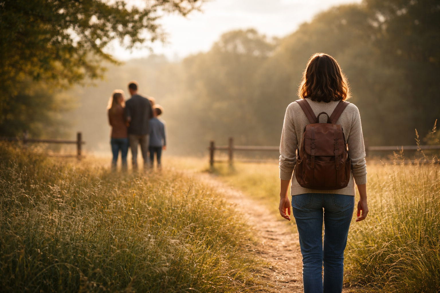 A woman stands alone on a path in a sunlit field while her family stands blurred in the distance, representing emotional separation, healthy boundaries, and breaking free from family enmeshment.
