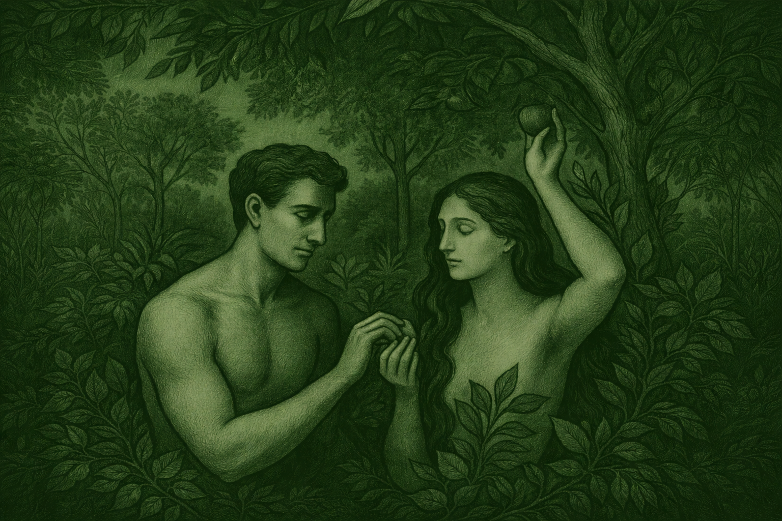 An artistic drawing of a man and woman in a forest setting, appearing to be exchanging rings, with the woman holding an apple above her head.