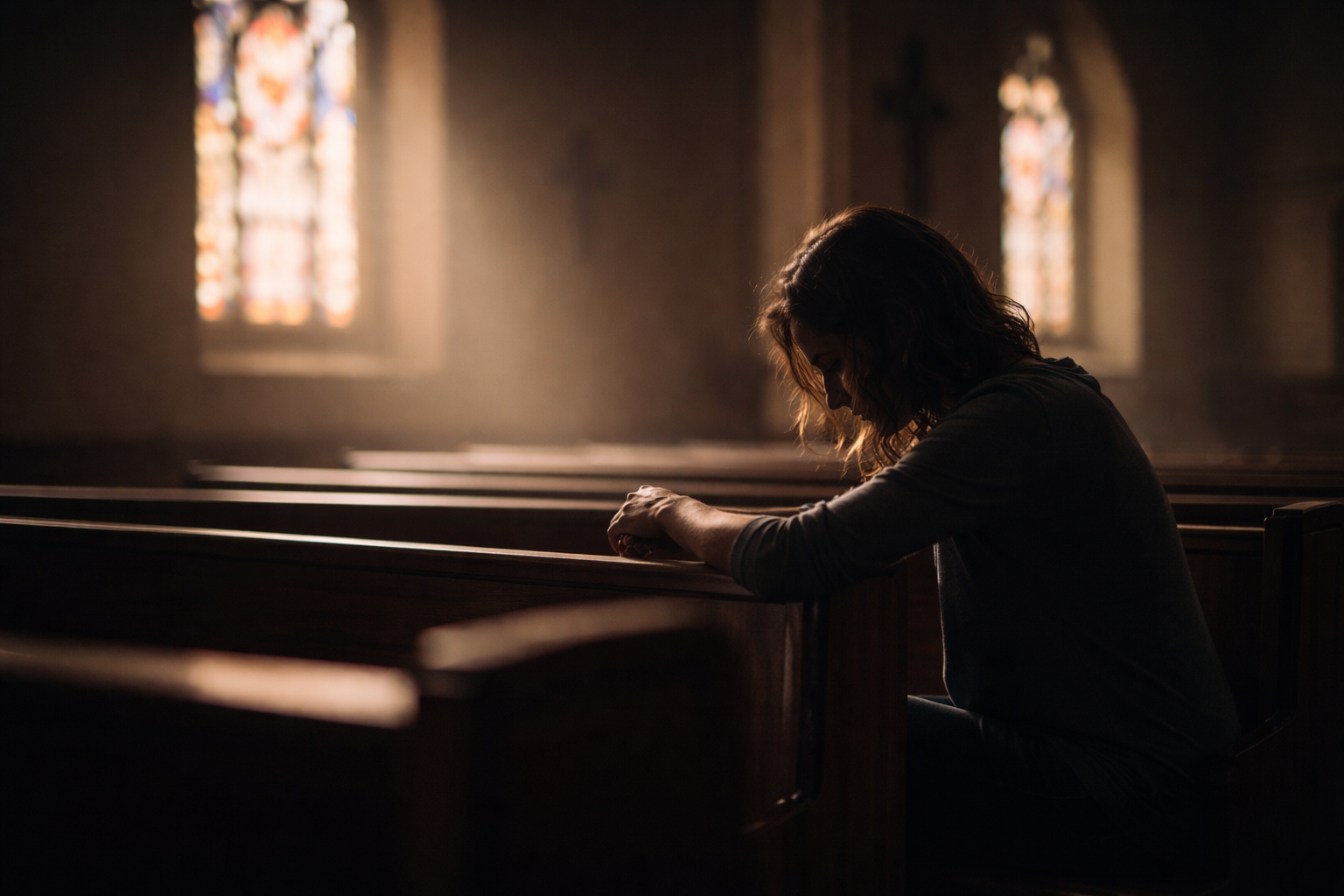 Woman sitting alone in church experiencing emotional distress related to spiritual abuse and faith