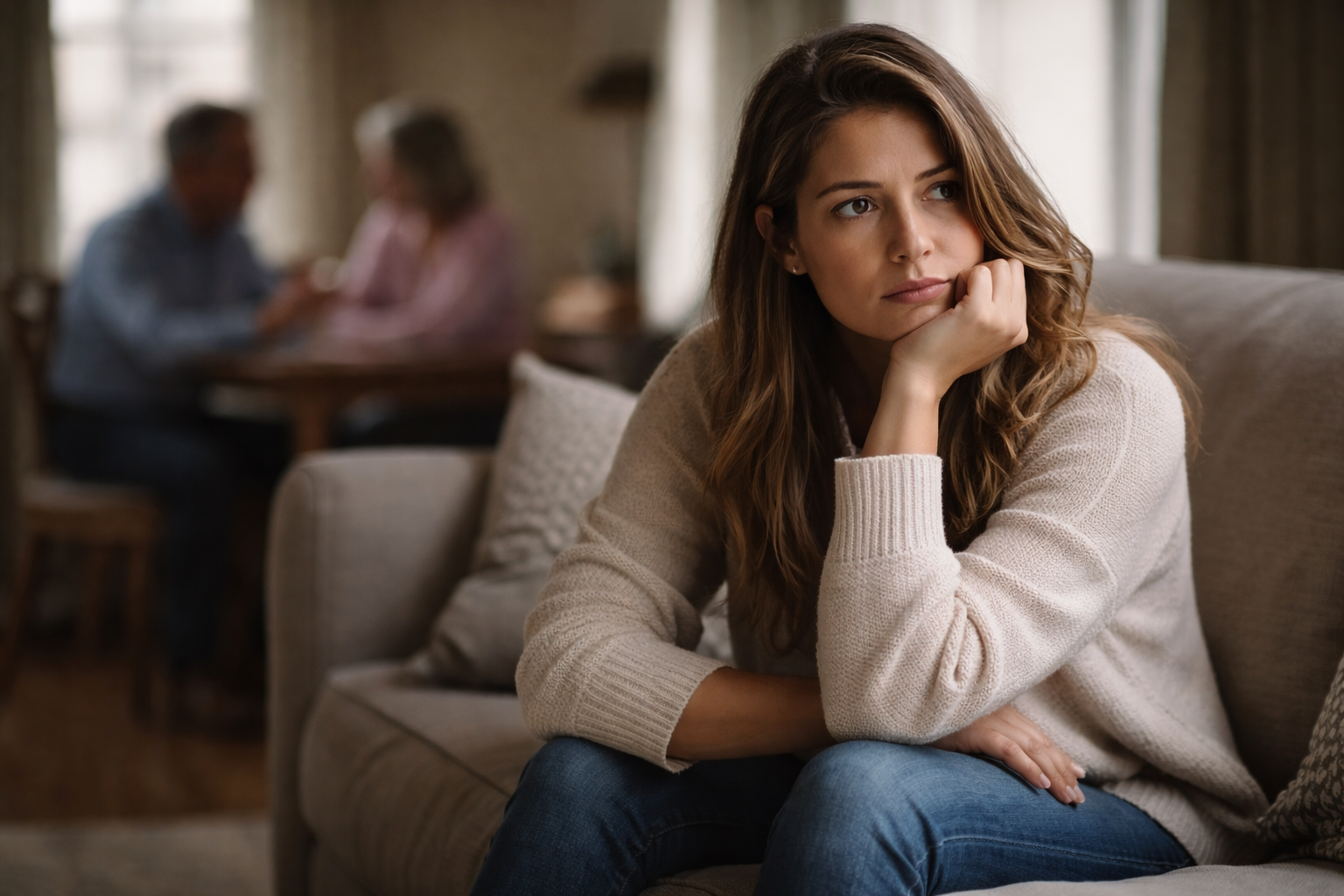 Adult woman sitting thoughtfully on a couch while reflecting on difficult family conversations and emotionally immature parents avoiding accountability.