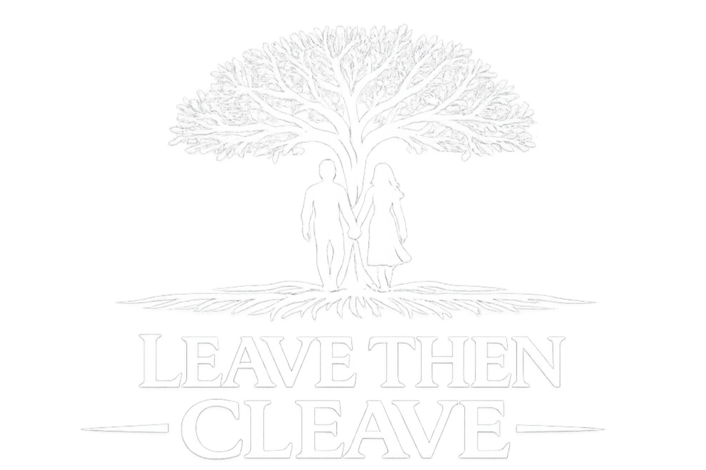 Silhouette of a man and woman holding hands under a large tree with the words "Leave It Then, Leave" below.