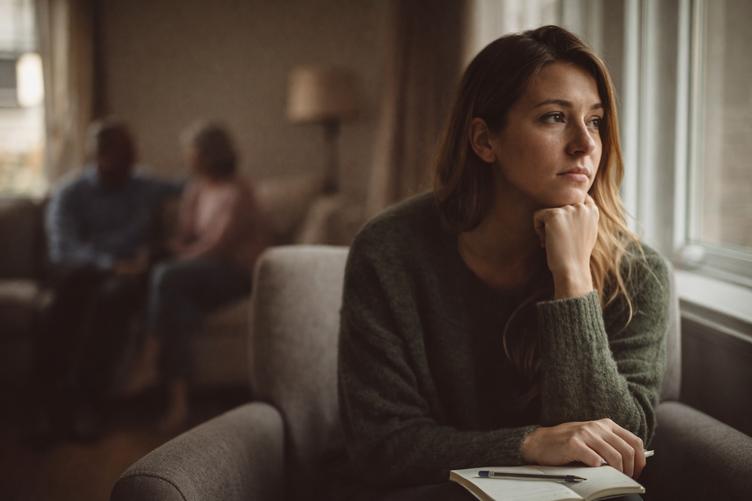 Adult woman reflecting on a difficult relationship with emotionally immature parents while sitting near a window.