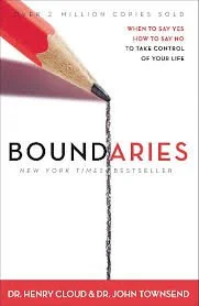 Close-up of a pencil writing the word 'BOUNDARIES' on paper, with some text about saying yes, no, and taking control of your life above.