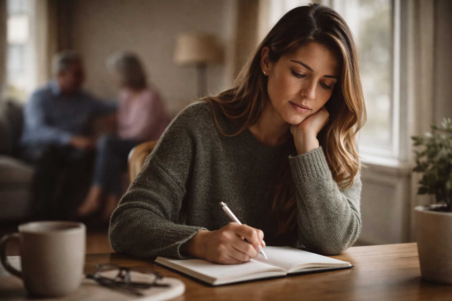 Adult woman journaling while reflecting on signs of emotionally immature parents and difficult family dynamics.