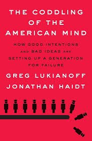 Book cover titled 'The Coddling of the American Mind' by Greg Lukianoff and Jonathan Haidt, featuring a red background with black and white text and illustrations of small human figures.