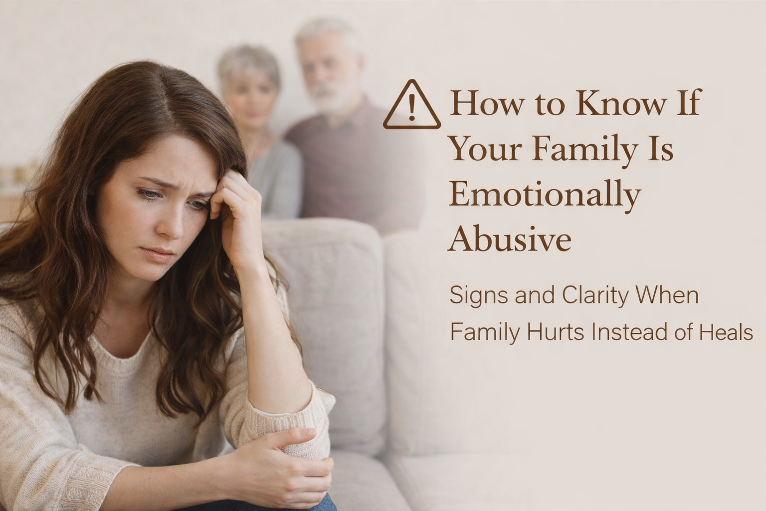 Featured image for an article about how to know if your family is emotionally abusive, showing a distressed woman with blurred family members in the background.