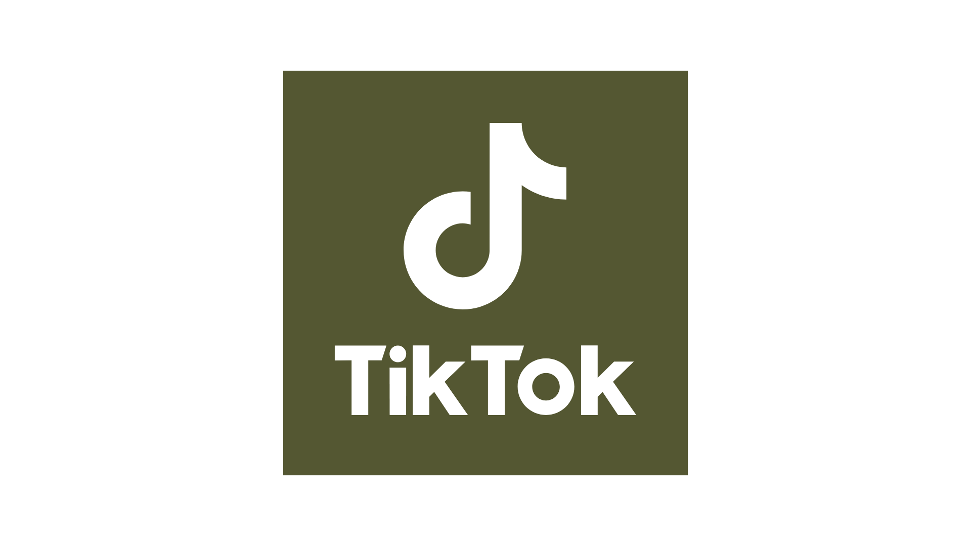 TikTok logo with white musical note icon above the word TikTok on an olive green background.
