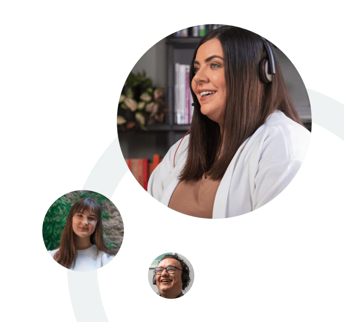 Collage of three people with headsets, including a woman smiling, a girl outdoors, and a man laughing.