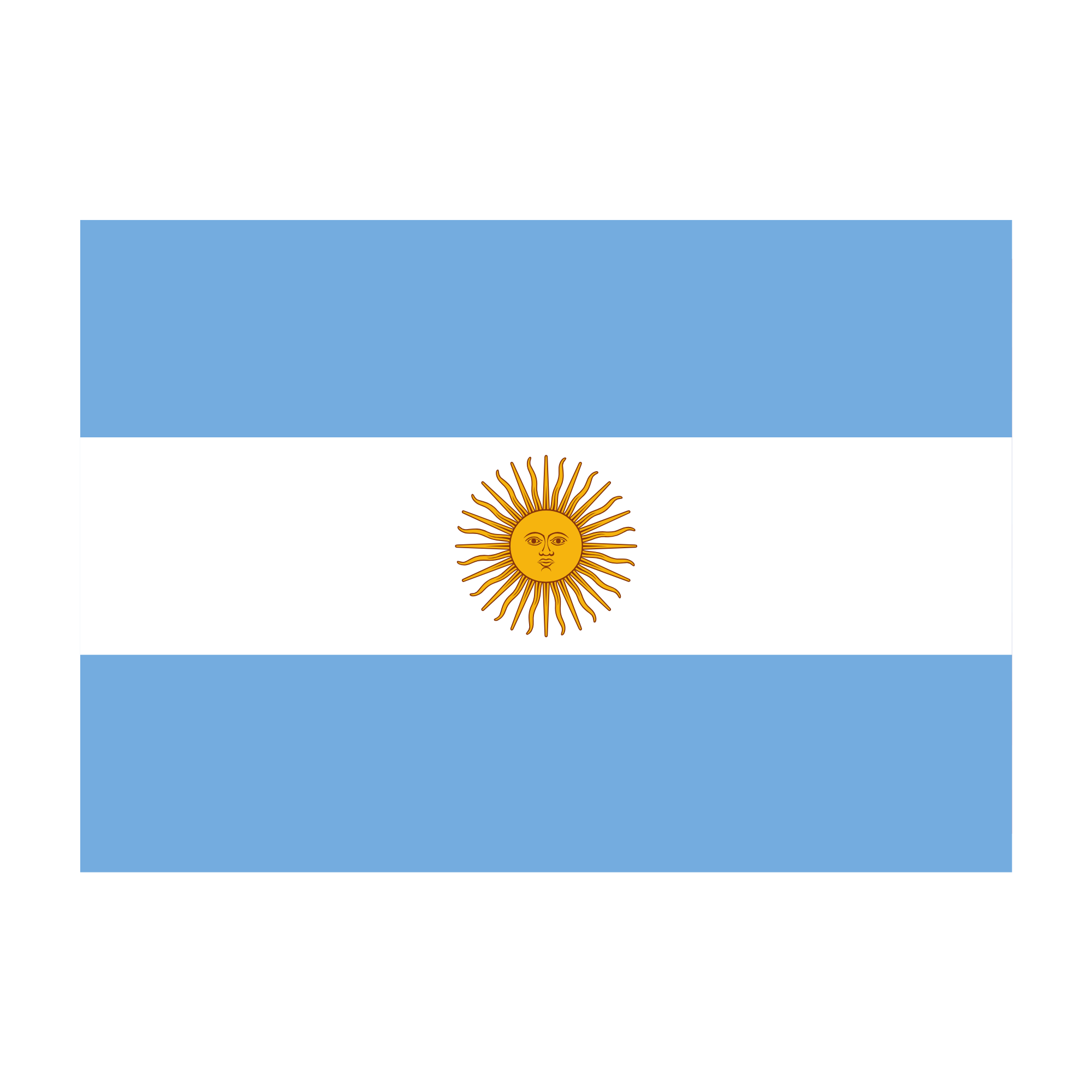 Bandera de Argentina con un sol dorado en el centro sobre fondo blanco con franjas celestes en la parte superior e inferior.