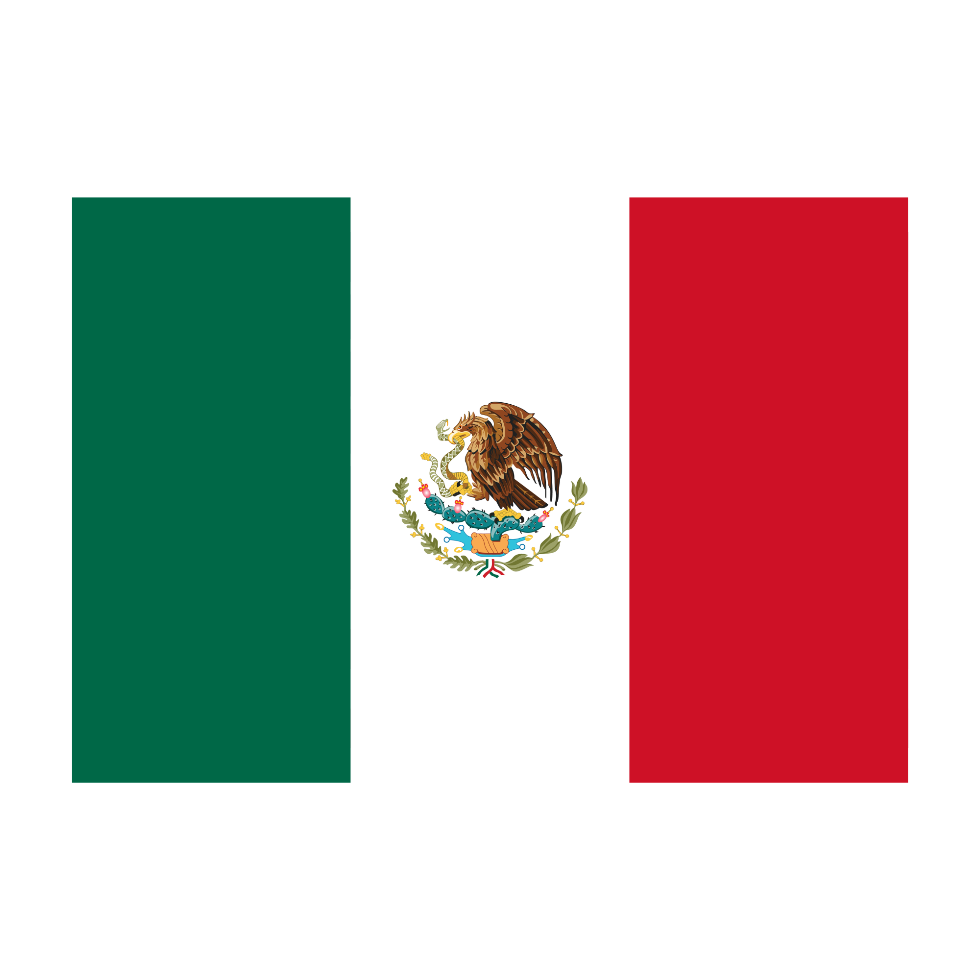 Bandera de México con los colores verde, blanco y rojo, con escudo en el centro que muestra un águila devorando una serpiente sobre un nopal.