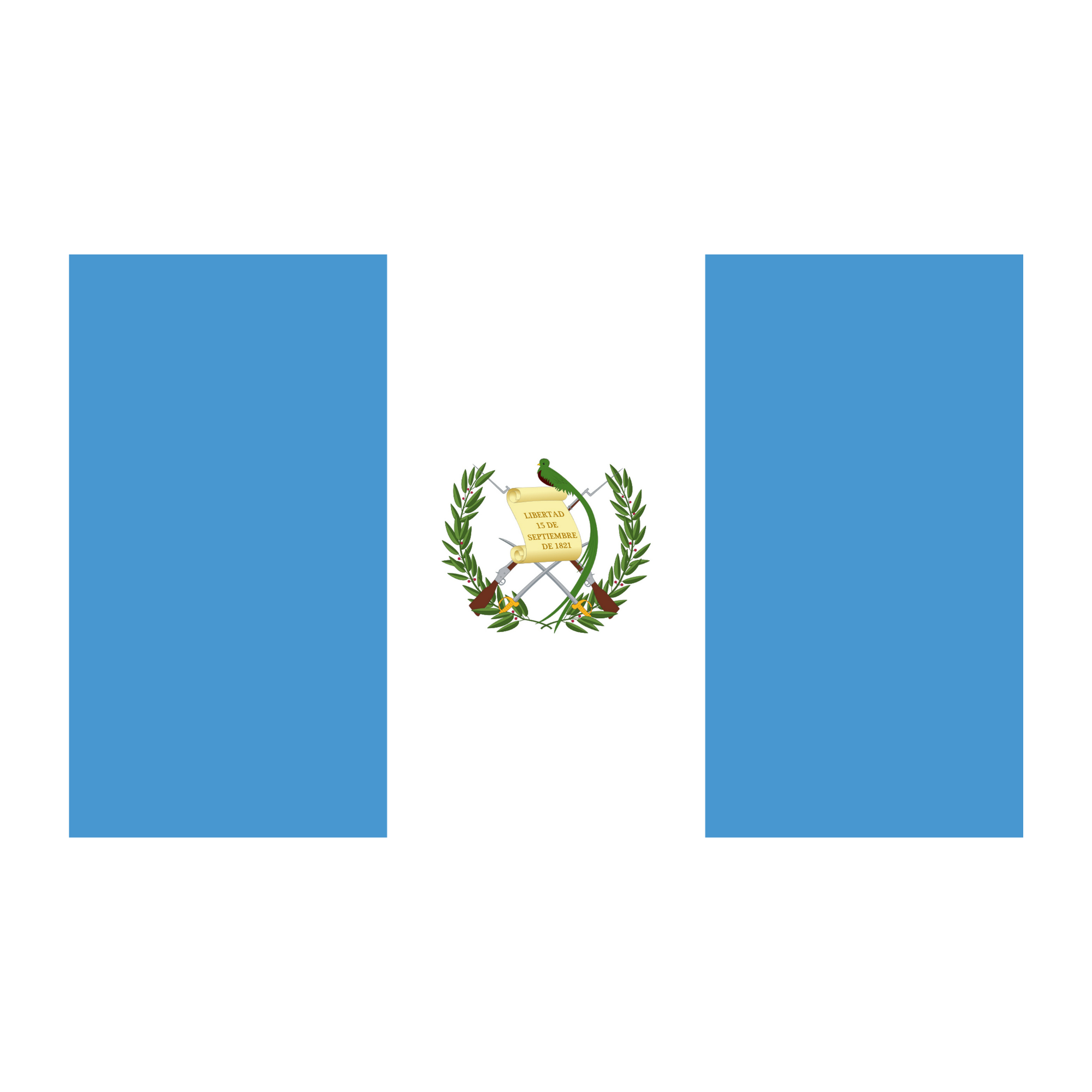 La bandera de Guatemala con el escudo nacional en el centro, que incluye un laurel, un banderín con la fecha de independencia y armas cruzadas.