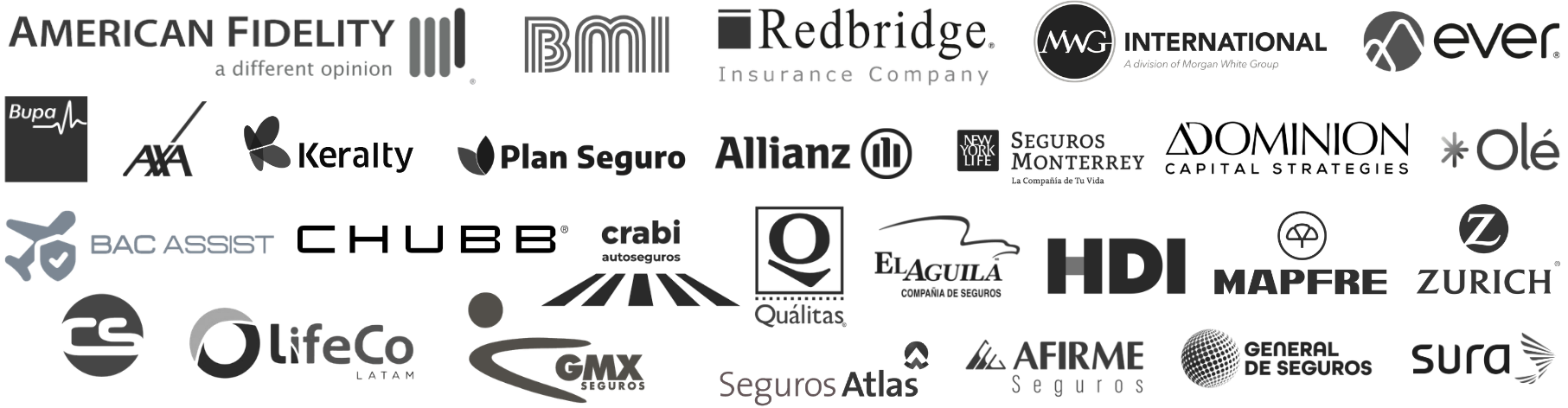 Logo y nombres de varias compañías de seguros, bancos y firmas financieras en un diseño gráfico.
