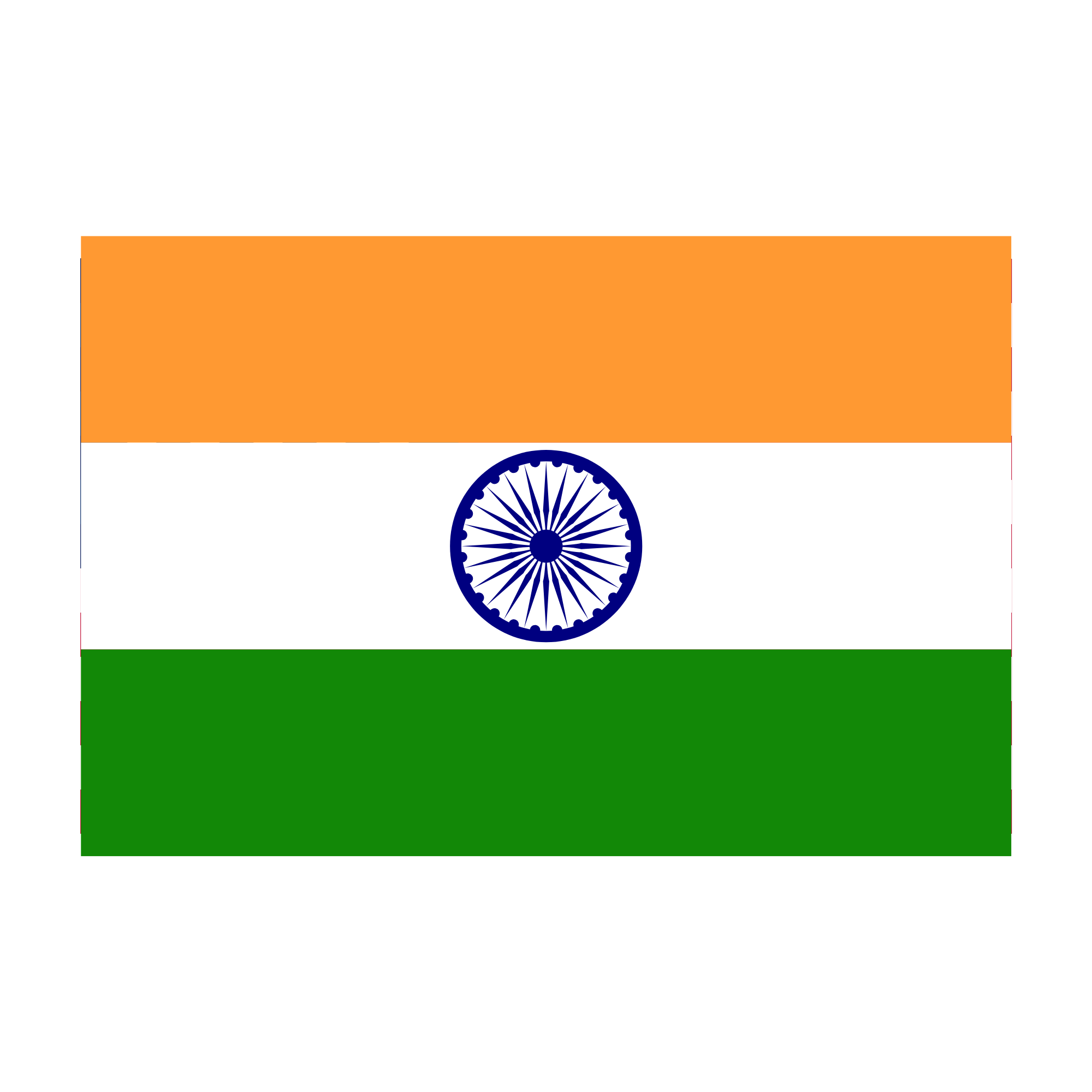 Bandera de la India con los colores en horizontal: naranja en la parte superior, blanco en el medio y verde en la parte inferior, con un chakra azul en el centro del blanco.