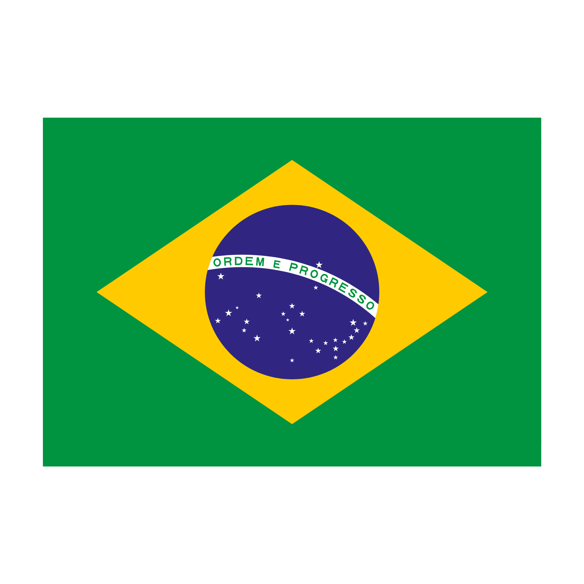Bandera de Brasil con un recorte de la esfera azul con estrellas y la inscripción 'ORDEM E PROGRESSO' en blanco.