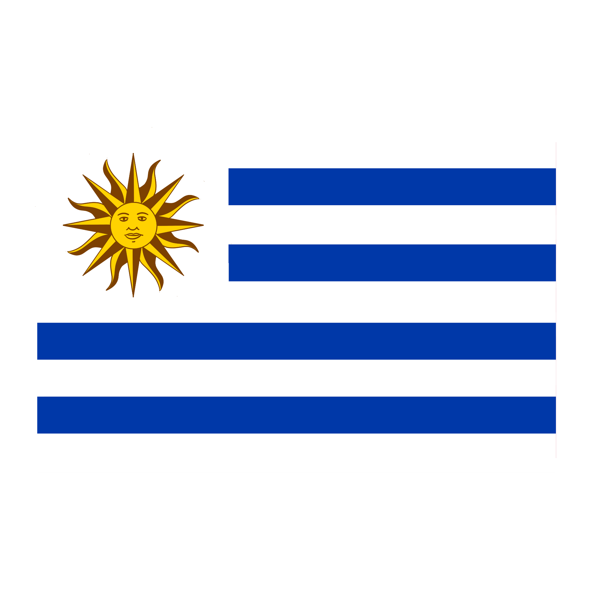 Bandera de Uruguay con el sol dorado en la esquina inferior izquierda y cuatro franjas horizontales azules y blancas.