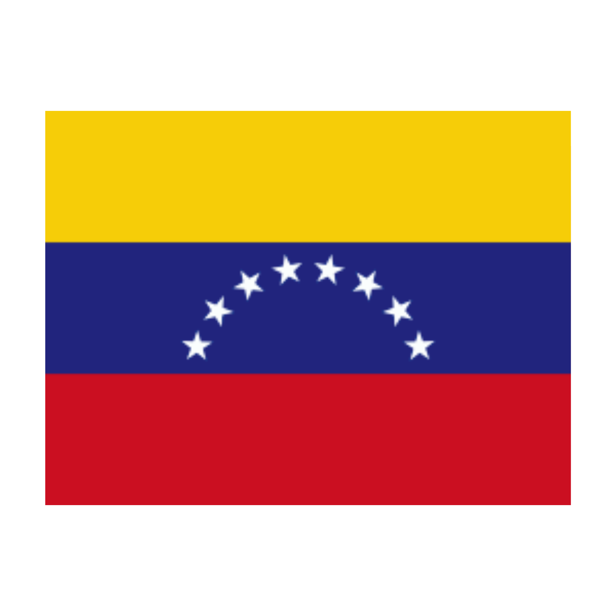 Bandera de Venezuela con franjas horizontales amarilla, azul y roja, y estrellas blancas en la franja azul.