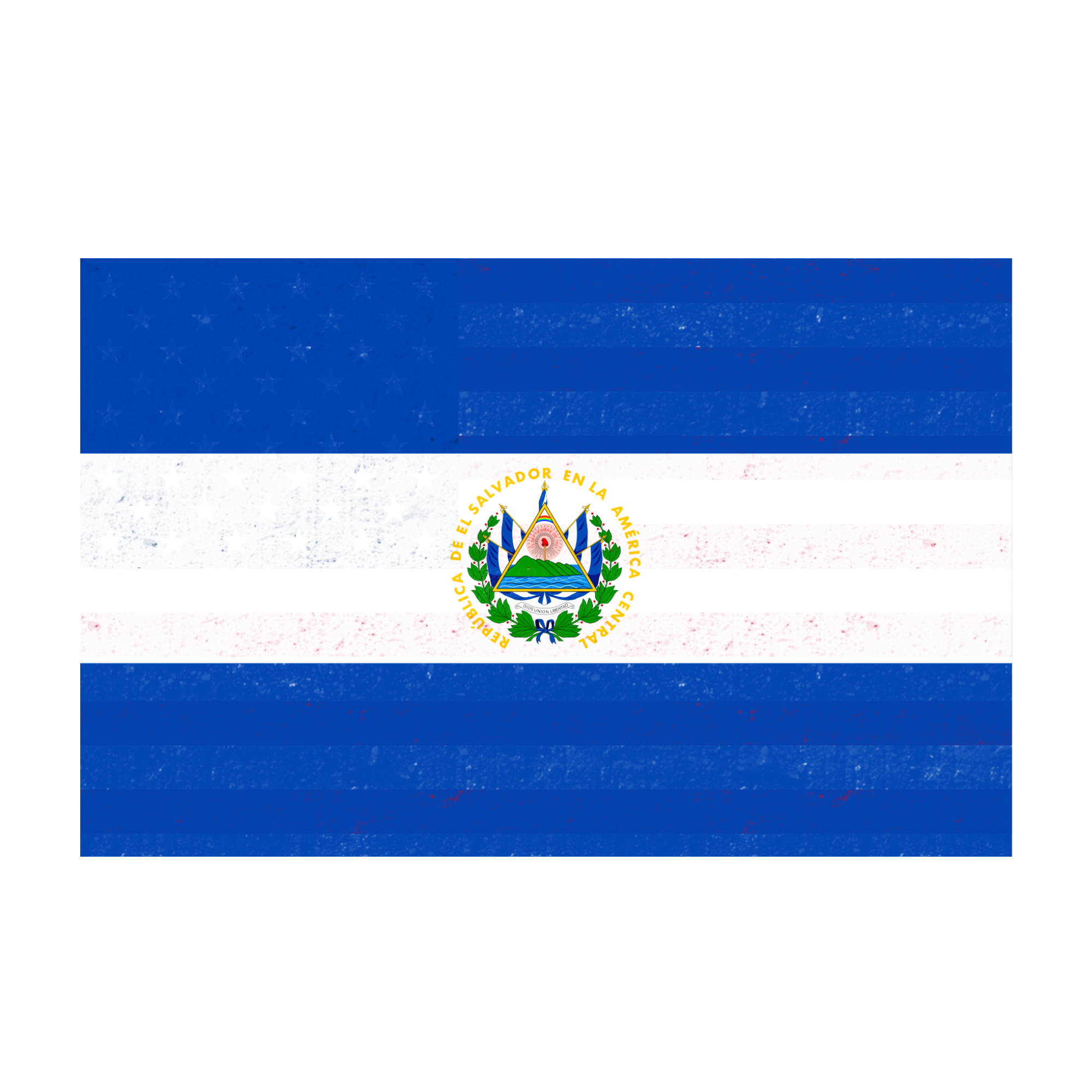 Bandera de El Salvador con escudo en el centro, con franjas azul y blanca.