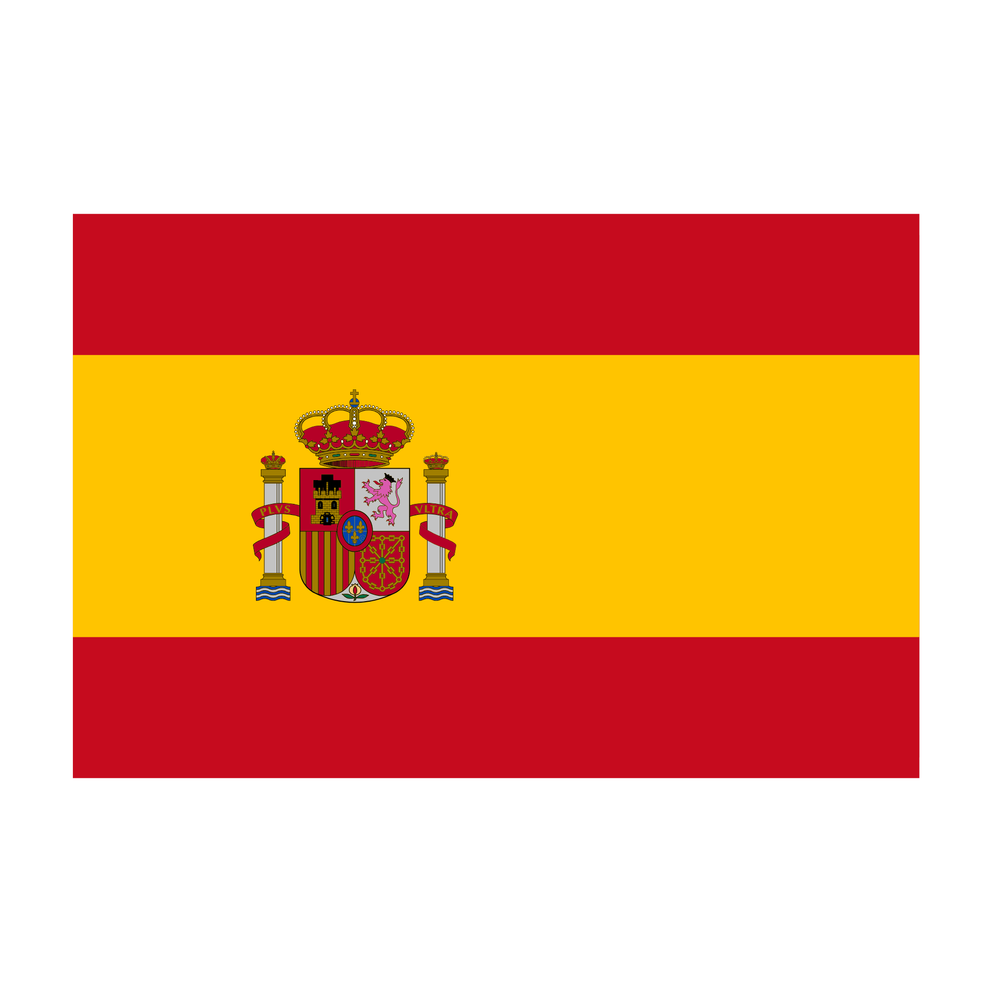 Bandera de España con franjas horizontales roja, amarilla y roja, y un escudo en el centro a la izquierda.