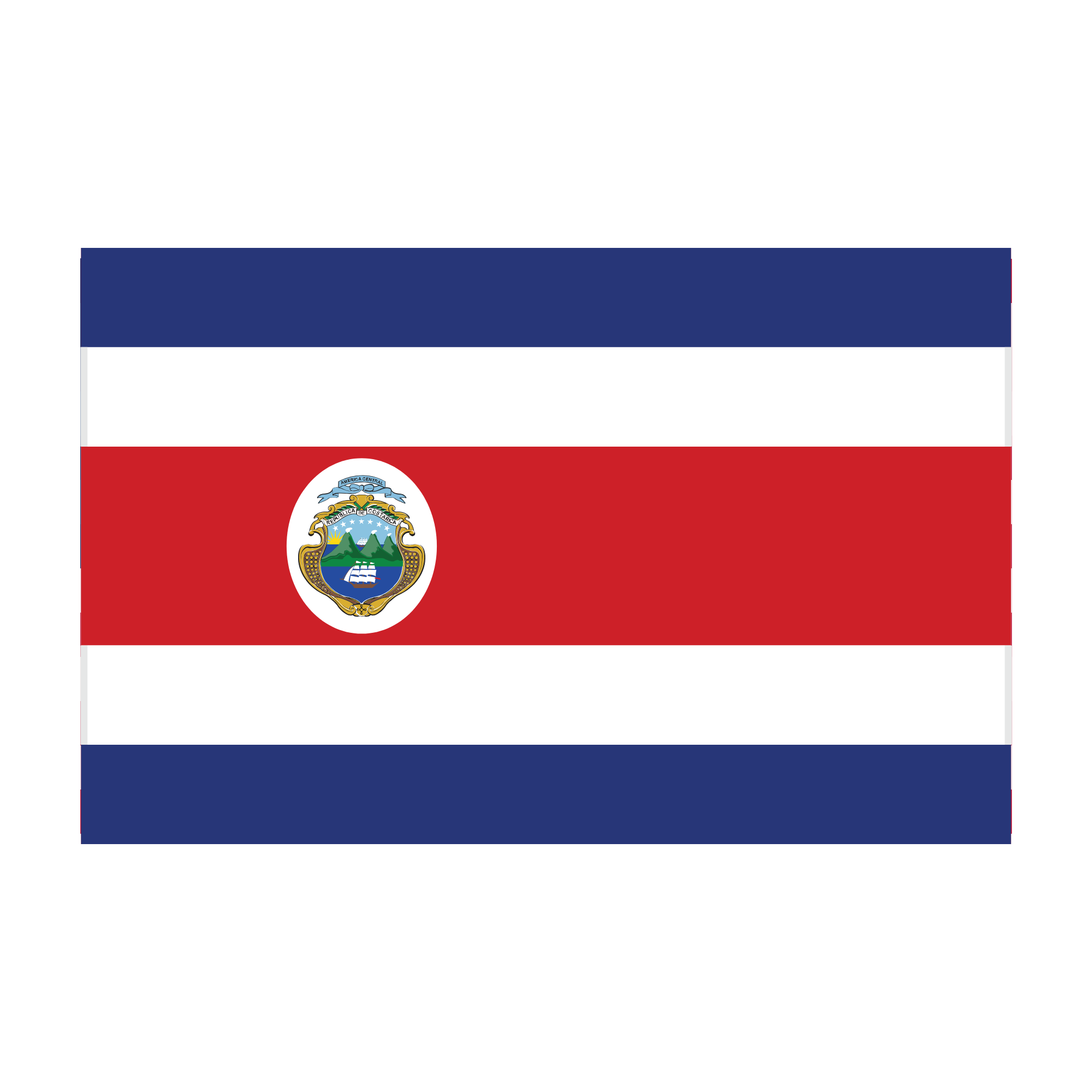 Bandera de Costa Rica con sus franjas azul, blanca, roja, blanca y azul, y escudo en el centro.