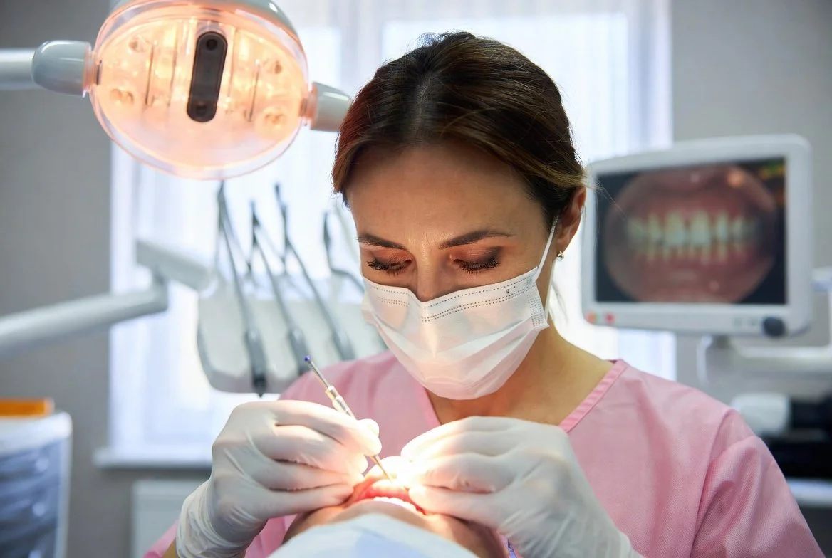 Dentist performing a dental procedure with dental tools, wearing a face mask, gloves, and pink scrubs, with dental equipment and a monitor in the background.