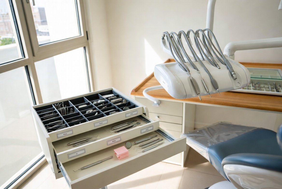Dental clinic with organized dental instruments in a drawer and on a tray in a well-lit room.