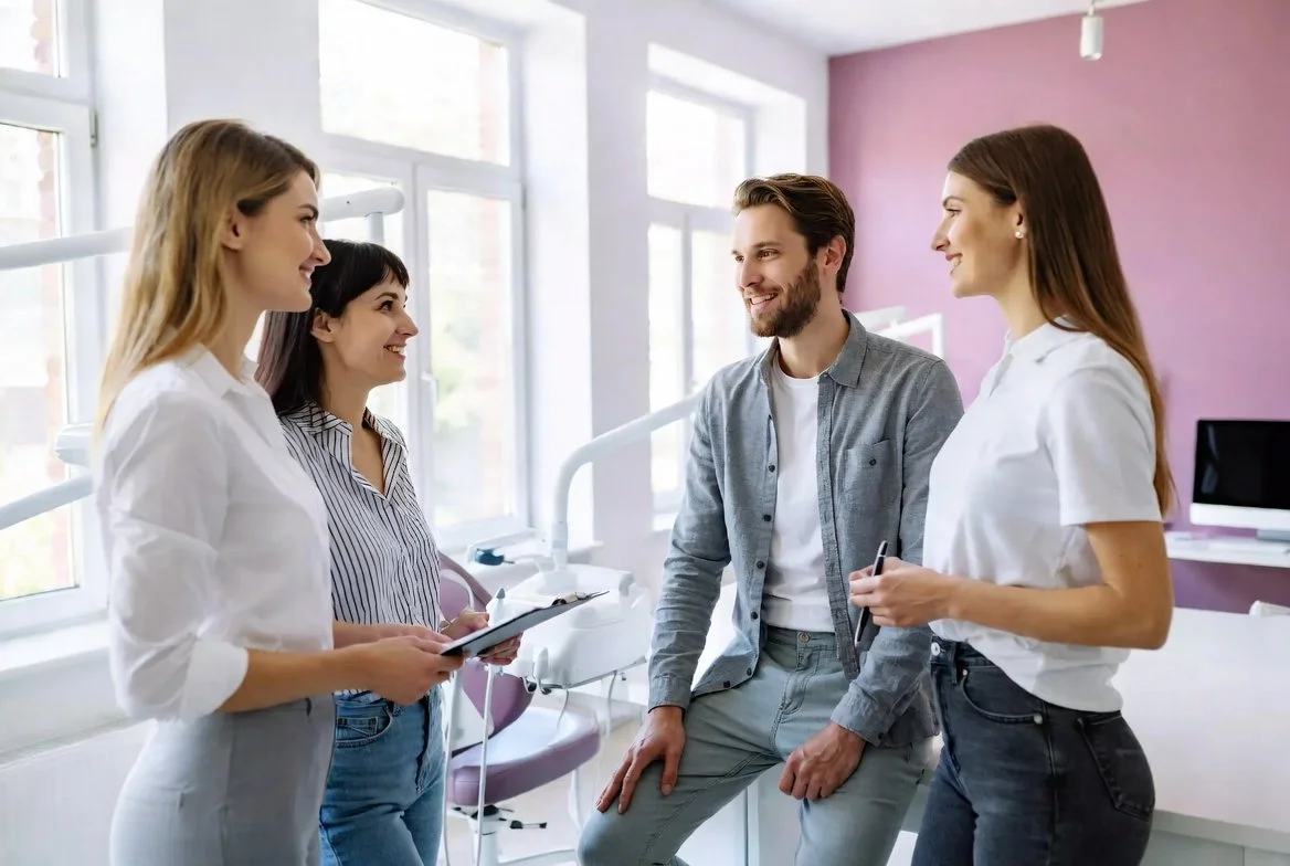 A group of four young adults, two women and two men, smiling and talking in a bright dental clinic or medical facility with dental chairs and equipment in the background.