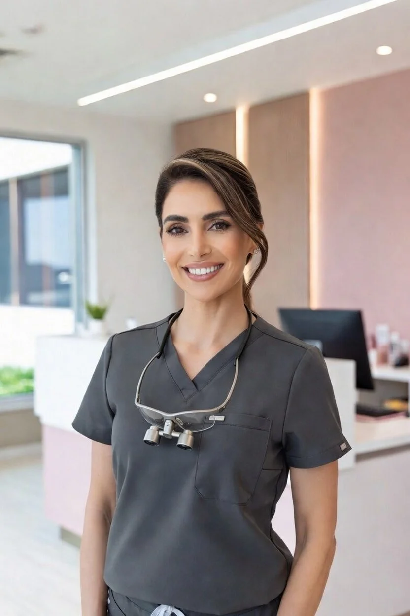 A smiling female healthcare professional wearing gray scrubs and a headlamp, standing in a modern clinic reception area.