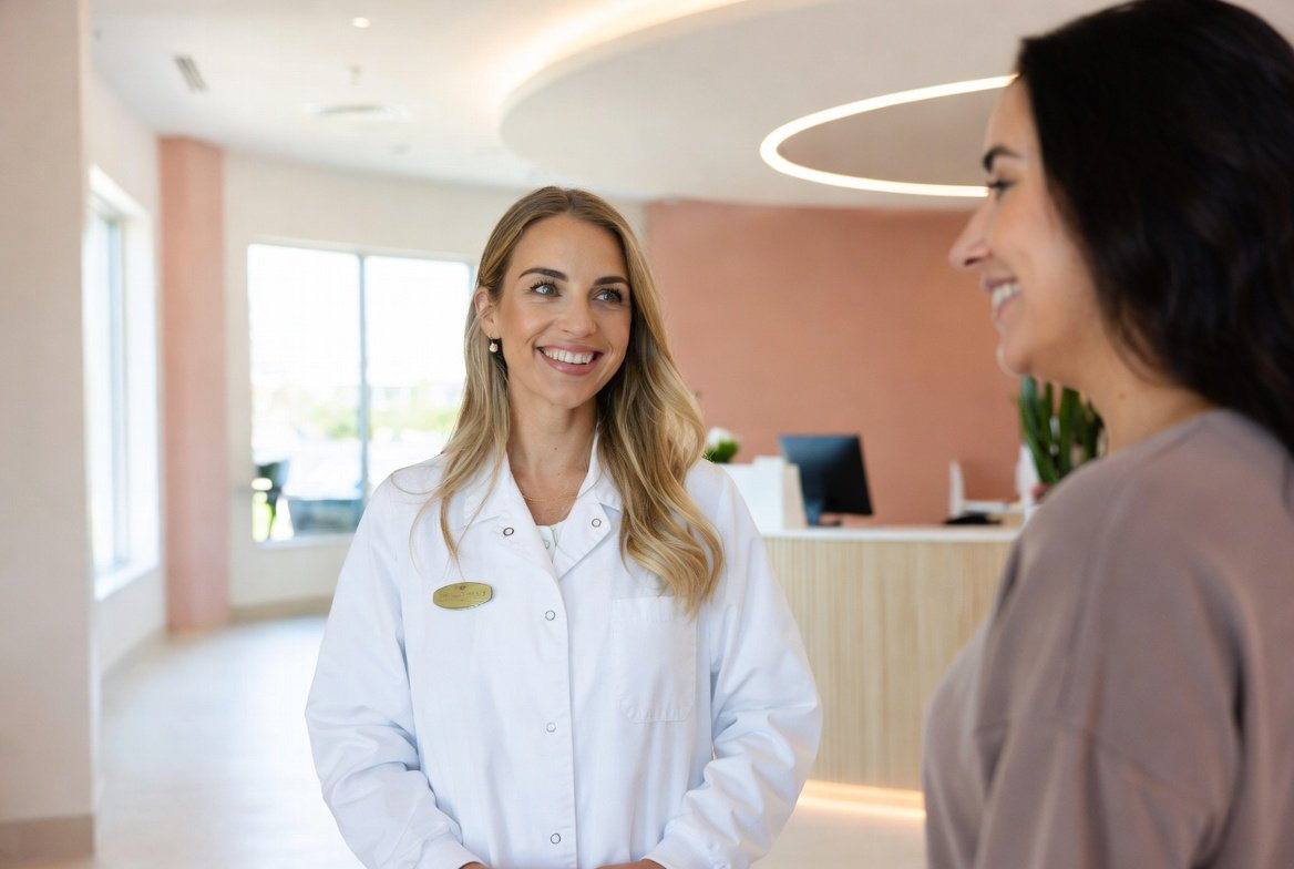 A smiling woman in a white medical coat with a name tag talking to another woman at a reception desk in a bright, modern clinic or hospital lobby.
