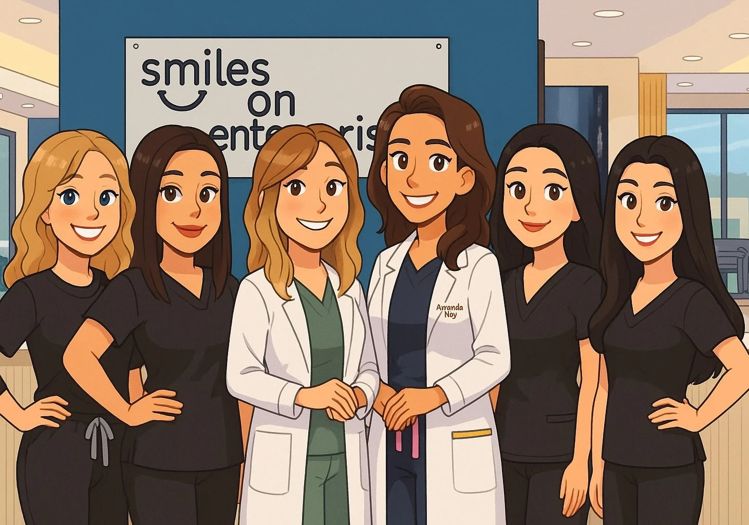 Cartoon illustration of six women healthcare professionals standing in a hospital or clinic. Two women in the center wear white lab coats, smiling and holding hands. The others wear black scrubs. A sign in the background reads 'Smiles on' with part of the text obscured.