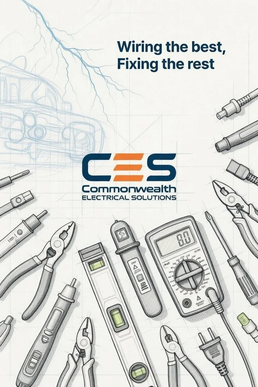 A collection of electrical tools and instruments, including pliers, multimeter, screwdrivers, wire stripper, and testing devices, arranged around the logo of Commonwealth Electrical Solutions with the tagline "Wiring the best, Fixing the rest".