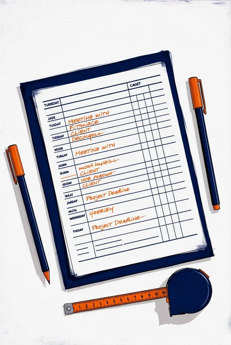 A weekly planner with handwritten notes for meetings, client appointments, project deadlines, and homework, along with pens and a measuring tape.