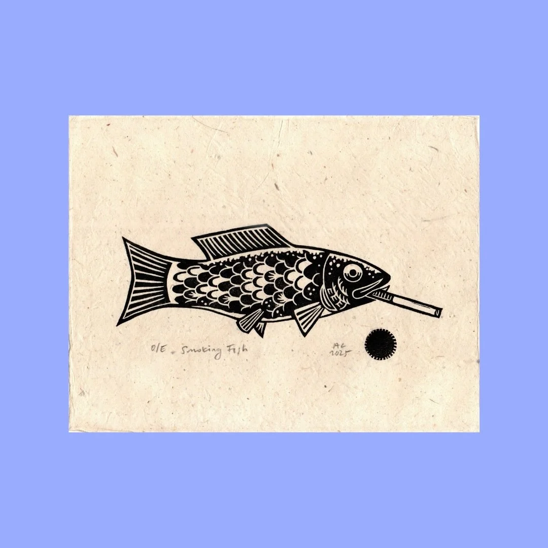 Smoking Fish Linocut Block Print