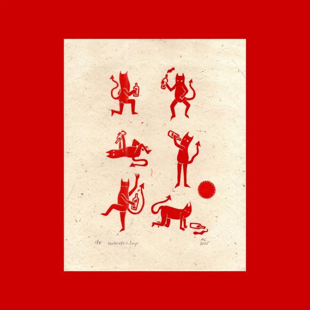Inebriated Imps Linocut Block Print