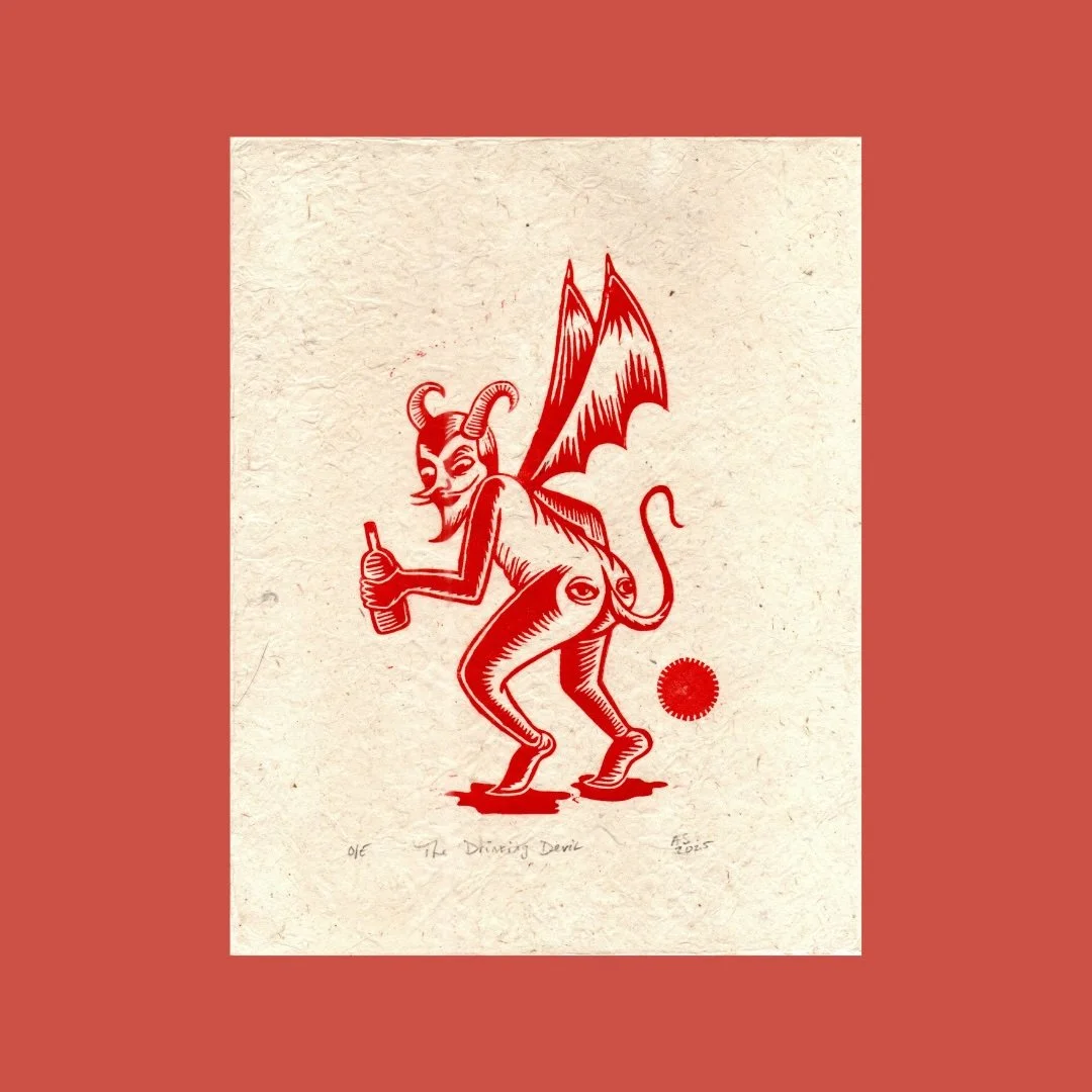 The Drinking Devil Linocut Block Print