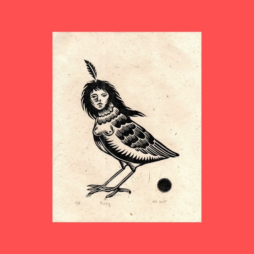 Harpy Linocut Block Print