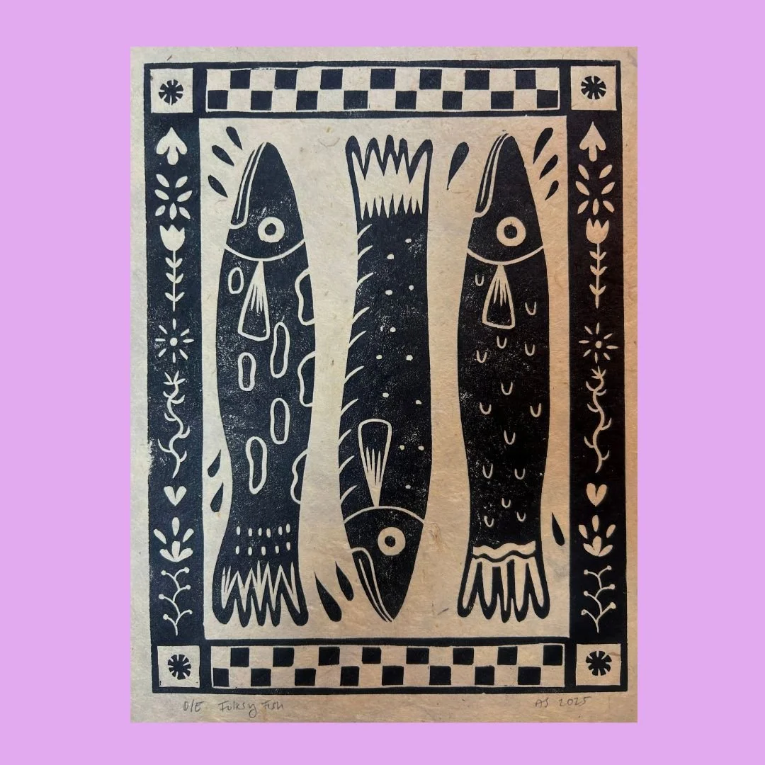 Folksy Fish Linocut Block Print