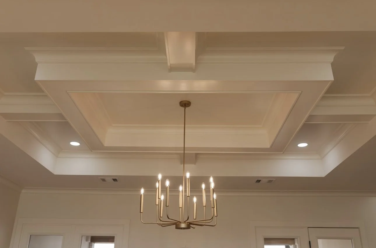 Classic chandelier with multiple candle-like lights hanging from a coffered ceiling in a room with white walls.