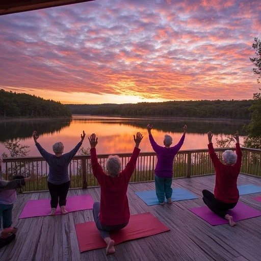 Four people practicing yoga on a deck overlooking a lake during a colorful sunset, with their arms raised.