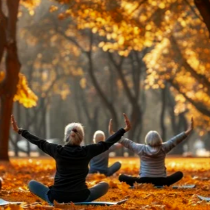 Two elderly women practicing yoga outdoors in a park during autumn