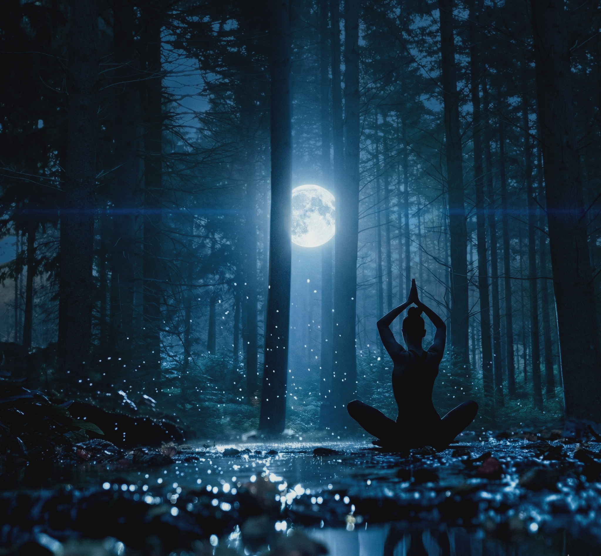Person practicing yoga or meditation in a moonlit forest at night, with moon shining through trees and water droplets on the ground.
