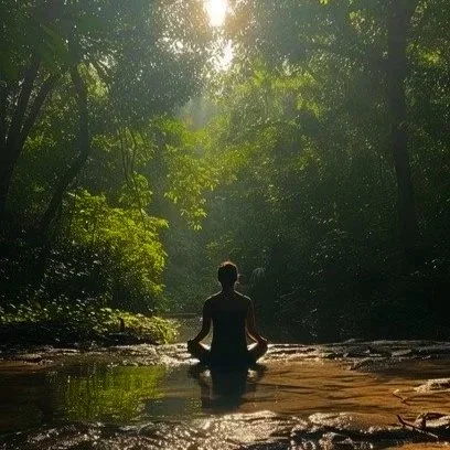 A person meditating in a river surrounded by lush green trees with sunlight filtering through.