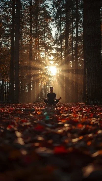 A person meditating in a forest during sunset, with sunlight shining through tall trees and leaves on the ground.