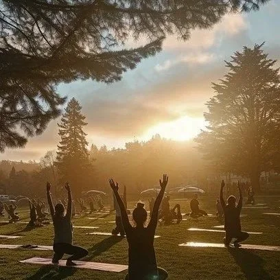 People practicing yoga outdoors at sunset in a park surrounded by trees.