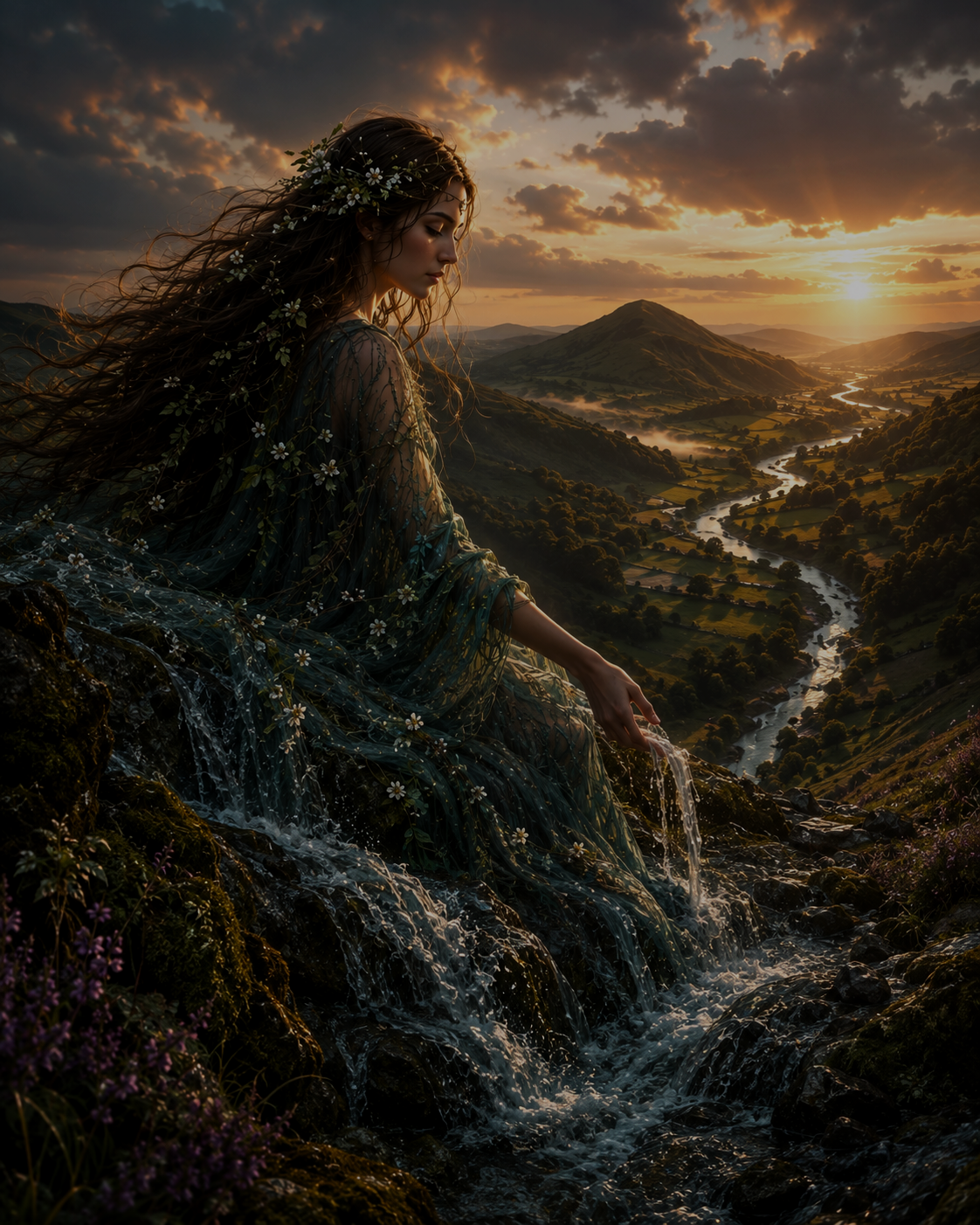 A woman dressed as a fairy with a floral crown sitting on a mossy rock, pouring water from her hand on a mountain waterfall during sunset, with a river valley and mountains in the background.