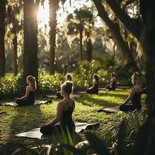 Group of women practicing yoga outdoors in a forest at sunrise or sunset.